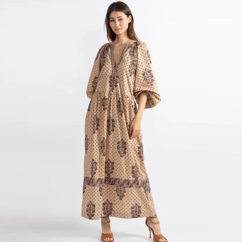Alix Of Bohemia Tan and Blue Resort Sundress with Plunge Neckline